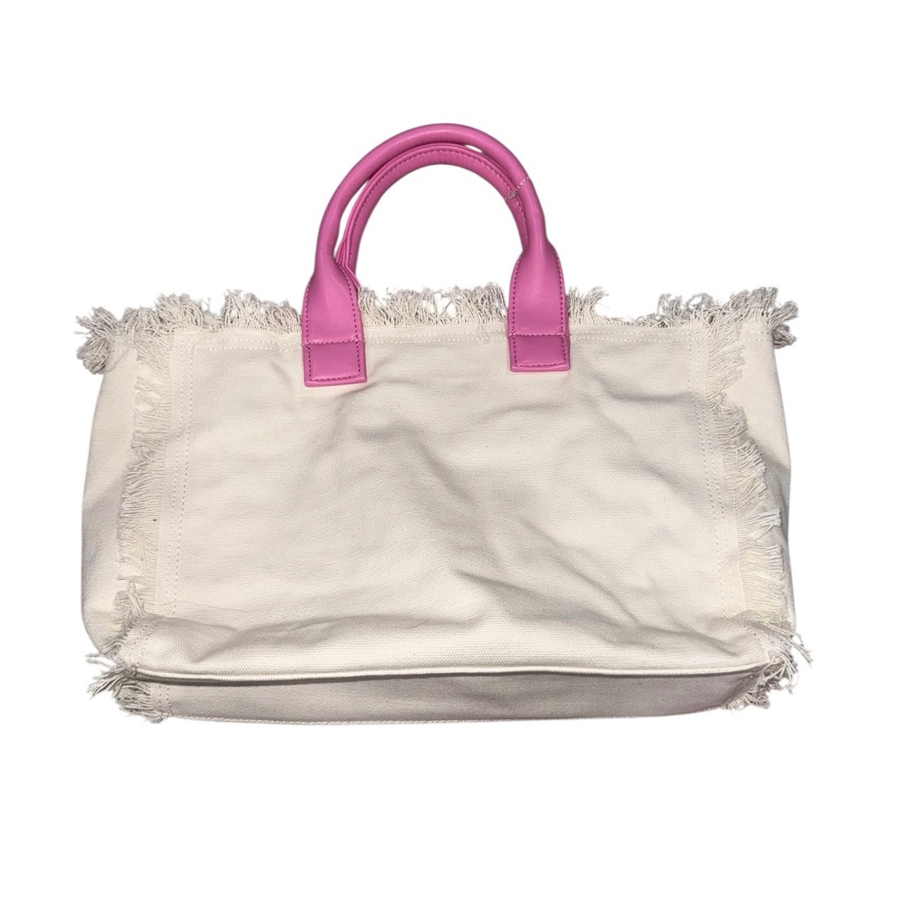 Ah Dorned Stylish Cream Fringe Canvas Tote Bag with Pink Handles
